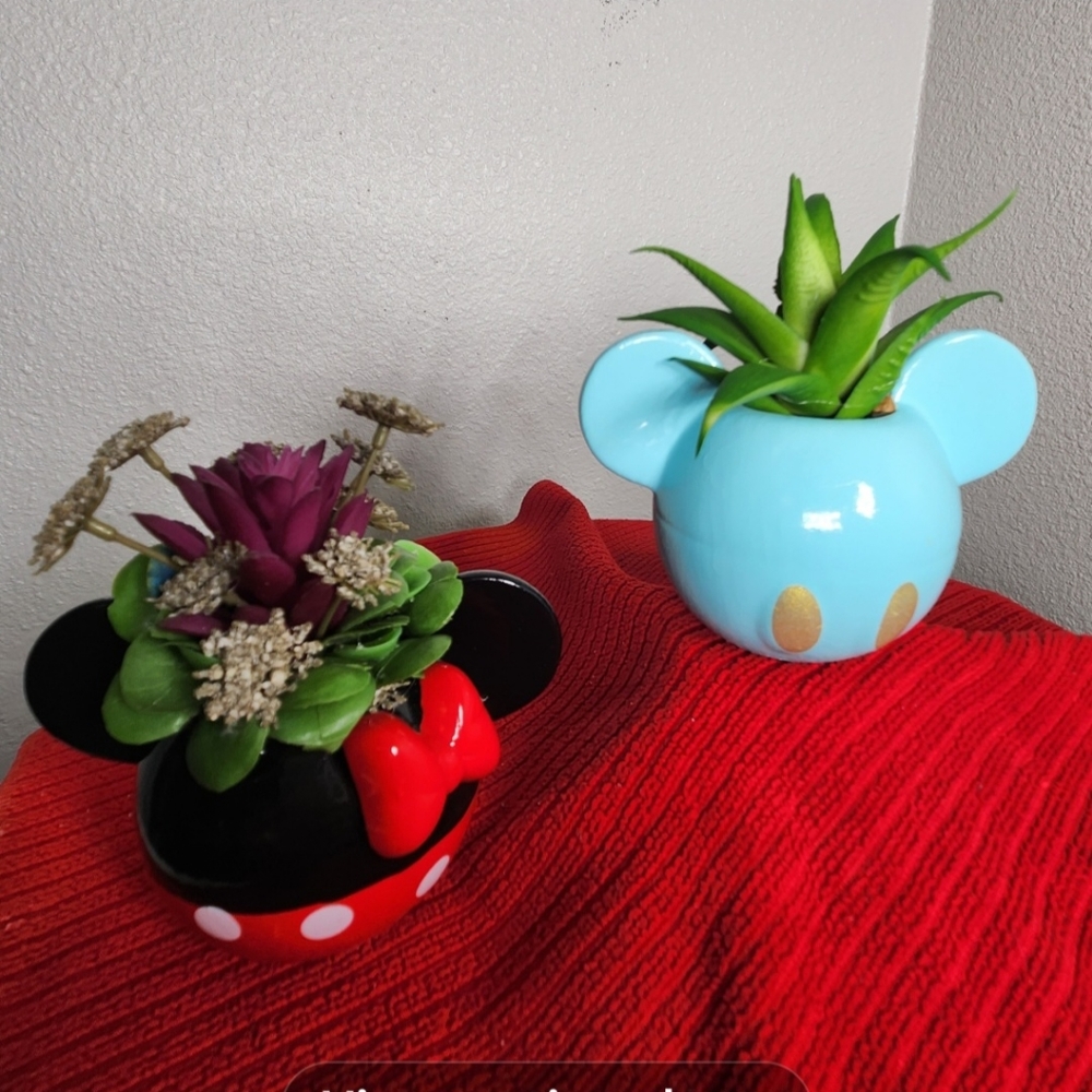 Disney Mickey & Minnie faux succulent planters.  One pair.